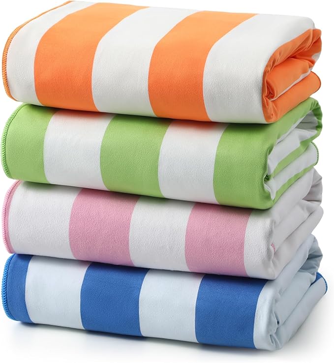 REDKISS 4 Pack Beach Towels 31x61 Inch, Ultra Lightweight Microfiber Pool Towels, Sand Free, Quick Dry & Highly Absorbent Cabana Striped Bath Towels for Beach, Swimming, Camping & Travel (Multicolor)