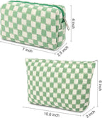 SOIDRAM 2 Pcs Checkered Makeup Bag Large Cosmetic Bag Toiletry Bag Makeup Pouch Travel Bag Organizer Cute Makeup Brushes Aesthetic Accessories Storage Bag for Women Green