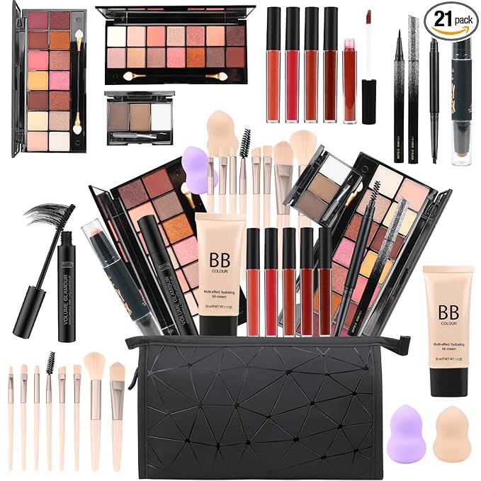 KARUIZI All in One Makeup Gift Set for Women Full Kit for2x14-color eyeshadow palettes,5xlipgloss sets,mascara,eyeliner,eyebrowpowder,eyebrow pencil, foundation, highlighter stick etc
