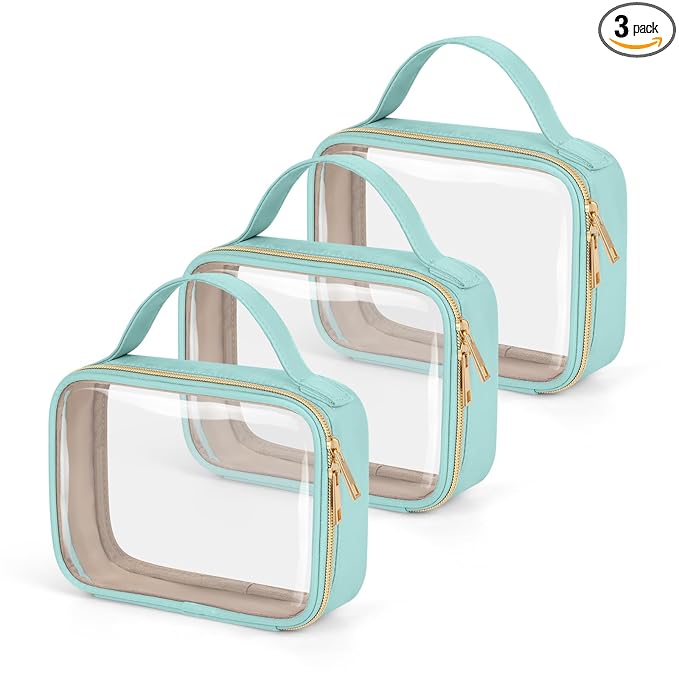 Wedama TSA Approved Toiletry Bag, 3 Pack Clear Makeup Bags with Handles, Quart Size PVC Clear Cosmetic Bags for Women and Men, Carry on Airport Airline Compliant Bag, Cyan Green