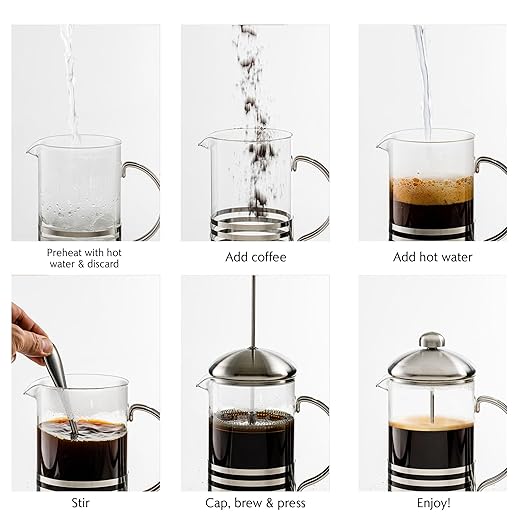 OVENTE French Press Coffee Maker 34 Ounce with Heat Resistant Borosilicate Glass, Stainless Steel Design and 4-Level Filter System, Portable Cold Brewer Pot for Travel, Camping or Gift, Silver FSH34S