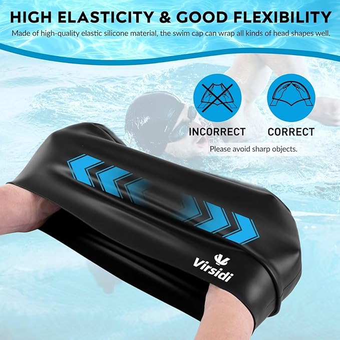 2 Pack Large Swim Caps for Long Hair, Silicone Swimming Cap for Adult Women Men, Waterproof Swim Hats Bathing Caps to Keep Hair Dry with Bonus Nose Clip and Earplugs