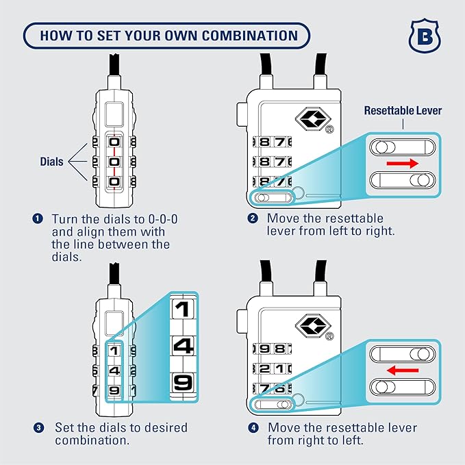 Brinks TSA Accepted Indicator Luggage Lock, Blue - Resettable 3-Dial Combination, 1.5 inch Long Cable Shackle, New More Secure TSA008 Key, 4 Pack