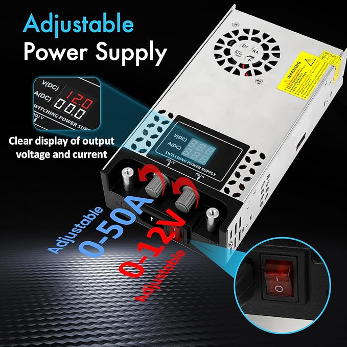 Adjustable 0-12V Power Supply 50A 600W, 110V AC to DC 0-12V Buck Converter 0-50A 600W Power Supply with LCD Display Adjustable Voltage Current 110V/220V AC to 12V DC Converter