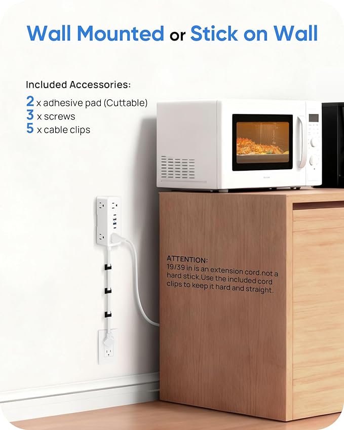 Electrical Outlet Extender Stick, Features 4 USB & 6 Outlets, 19in Flexible Extension Cord Access Hard-to-Reach Outlets, Wall Plug Power Socket Expander Nightstands Sofa Desk
