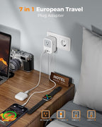 TESSAN European Travel Plug Adapter 2 Pack, Built-in 20W Retractable USB-C Cable, Type C Power Adapter with 3 AC Outlets 4 USB Ports for US to Europe EU Italy Spain France Greece Iceland Germany