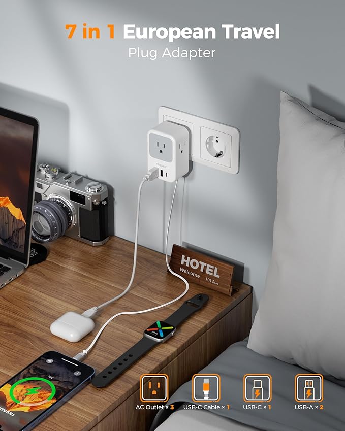 TESSAN European Travel Plug Adapter 2 Pack, Built-in 20W Retractable USB-C Cable, Type C Power Adapter with 3 AC Outlets 4 USB Ports for US to Europe EU Italy Spain France Greece Iceland Germany