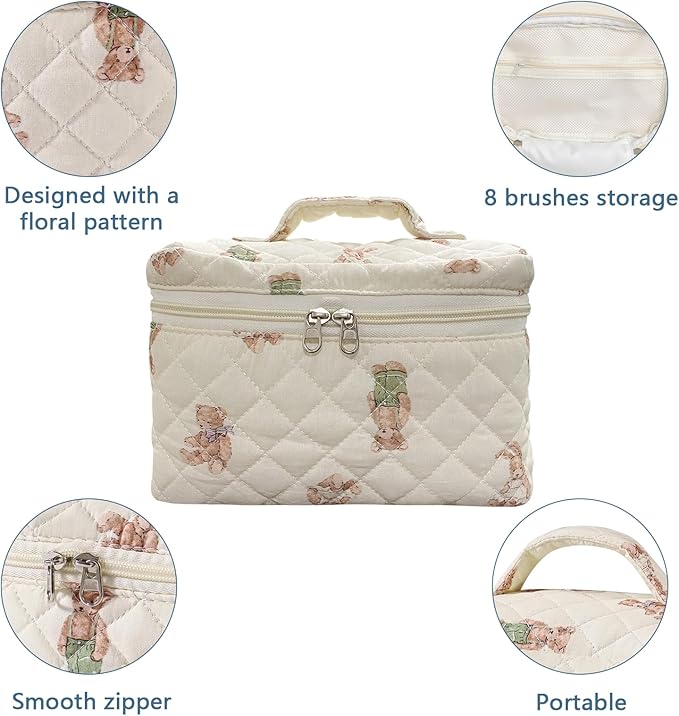 Gosect Large Makeup Bag, Cute Cosmetic Bag for Women Girls, Floral Coquette Aesthetic Toiletry Bag, Travel Make Up Organizer Bag (White-Bear)