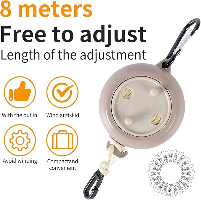 Portable Travel Clothesline Cord, Adjustable 33ft Camping Clothes line, Laundry Drying Rope for Hotel Trip,Camping,Backyard,Outdoor/Indoor, Grey