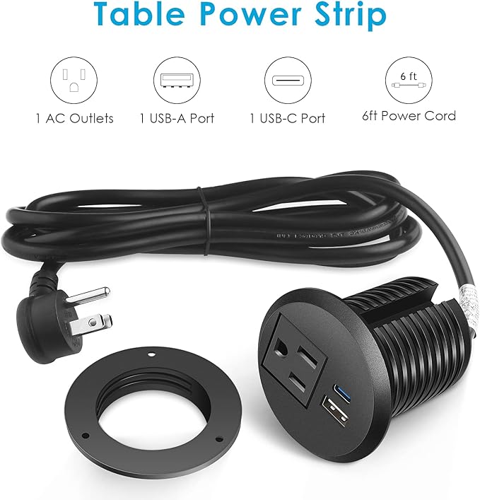 Desktop Power Grommet, 2 inch, USB C PD 20W Fast Charging Station, Desk Hole Recessed Power Outlet,ETL Listed (1, 6 FT Cable)