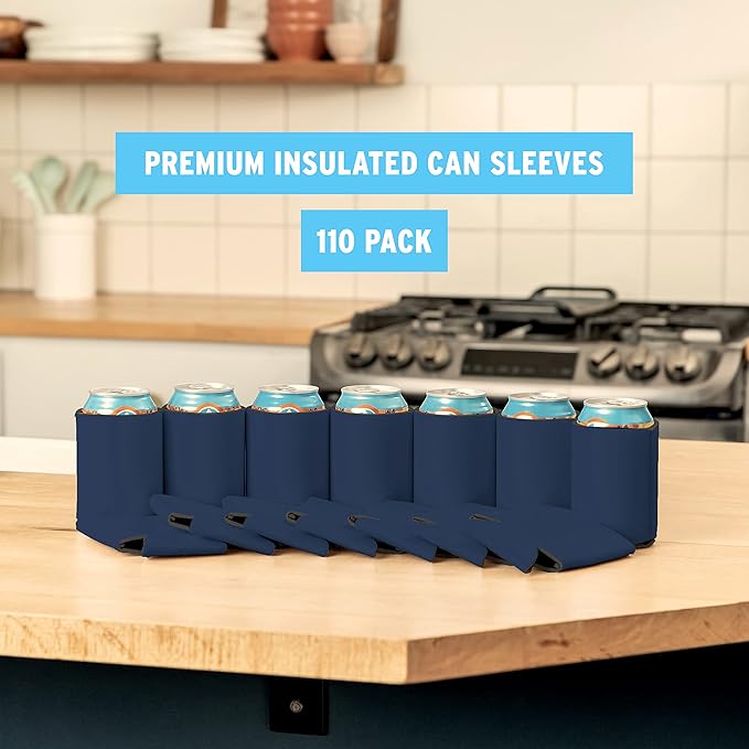 Blank Beer Can Cooler Sleeves (110-Pack) Soft Insulated Beer Can Coolies - HTV Friendly Blank Koolies in Bulk for Beer Cans & Bottles - Coolie Blanks for Vinyl Projects & Wedding Favors (Navy Blue)