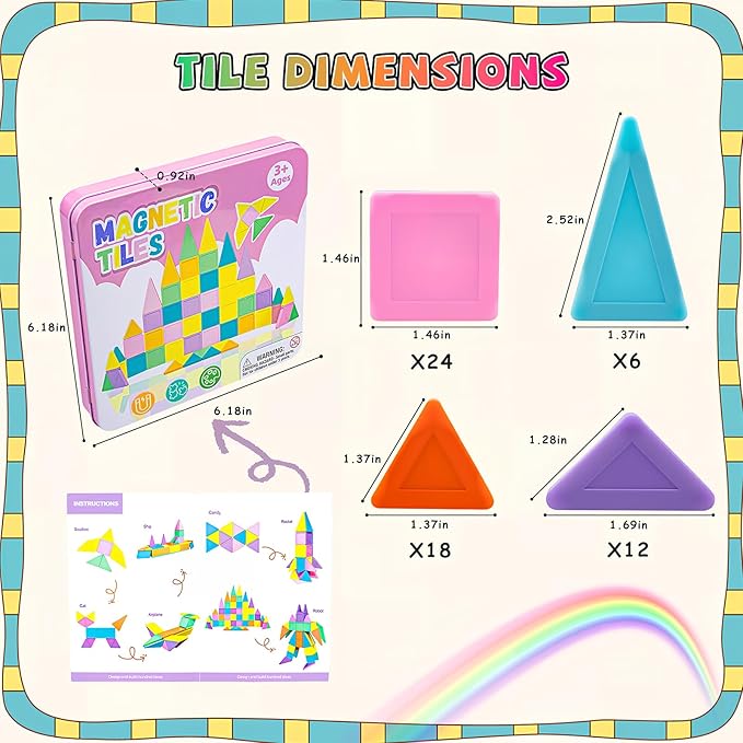 Magnetic Tiles,60PCS Magnetic Building Blocks with Metal Storage Box,Magnetic Tiles for Kids Ages 3+,Magnet Tiles for Boys & Girls(Macaron)