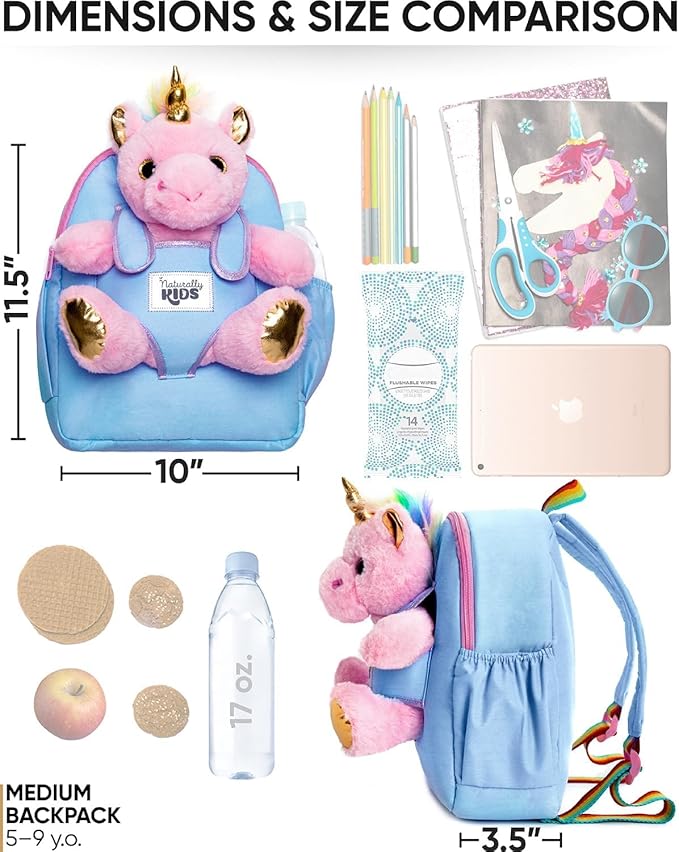 Naturally KIDS 【Upgraded】 Medium Backpack w Removable Pink Unicorn Toy for Girls Age 4-7 | Side & Inner Pockets, Reflective Logo, Name Tag | Unicorn Gifts for 5 Year Old Girls – Medium size