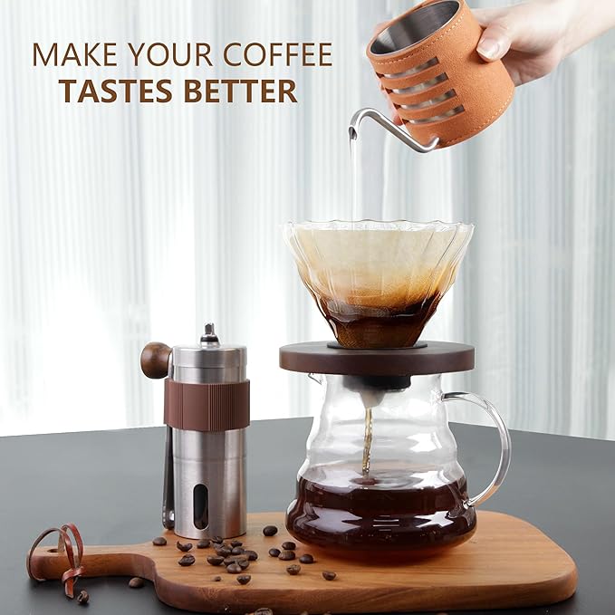 LHS Pour Over Coffee Maker Set - All in One Pour Over Coffee Kit, Travel Pour Over Coffee Dripper, Manual Coffee Maker Set Grinder Brewer Dripper and Cup Set, Anniversary Birthday Gift Sets