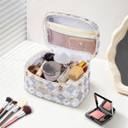 Gosect Large Makeup Bag, Cute Cosmetic Bag for Women Girls, Floral Coquette Aesthetic Toiletry Bag, Travel Make Up Organizer Bag (Check Bear)