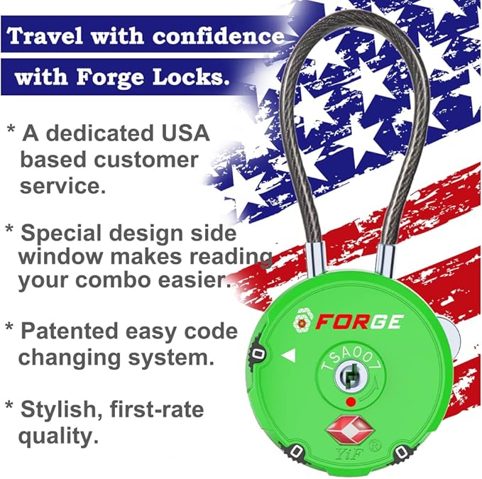Forge Quality TSA Approved Luggage Locks for Travel Accessories, Suitcase, Pelican case, Ammo Boxes, Set Your own Combination, Zinc Alloy Body-Cable Green 2 Locks