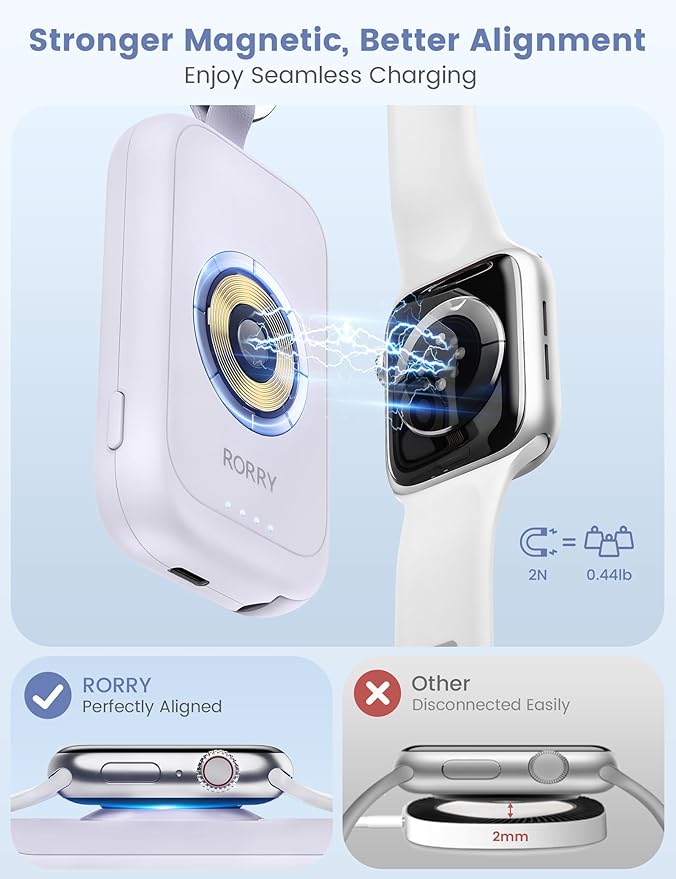 RORRY CharmGo for Apple Watch Charger, 2500mAh Fast Charging Portable Charger for iWatch, Travel Charger with Built-in USB C Cable for Apple Watch Ultra Series 9 8 7 6 5 4 3 2 SE Accessories, Purple