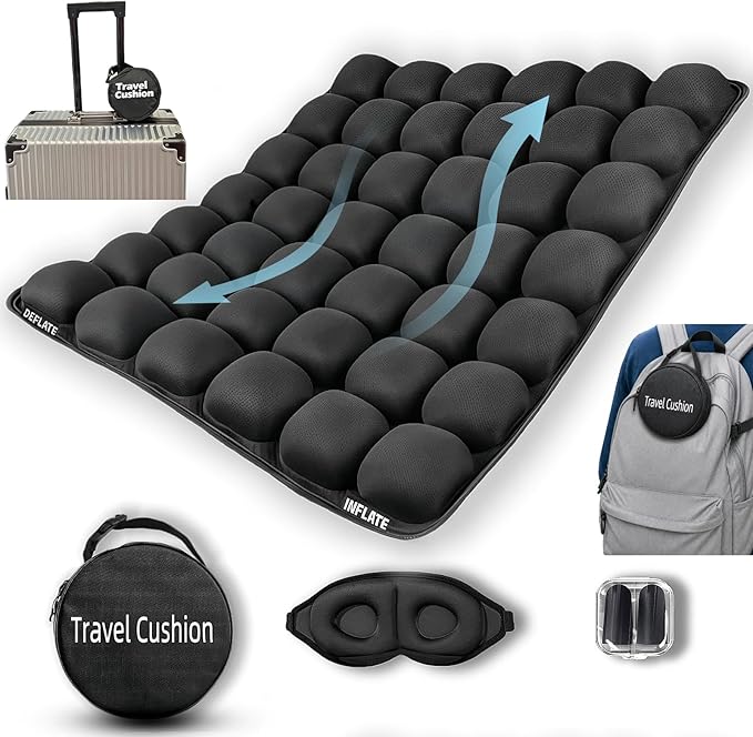 Soundur Travel Cushion Airplane Seat,Inflatable Air Bubble Design with Storage Bag for Car/Office/Kitchen Chairs.42 Air Cells, Adjustable Firmness, Non-Slip Bottom