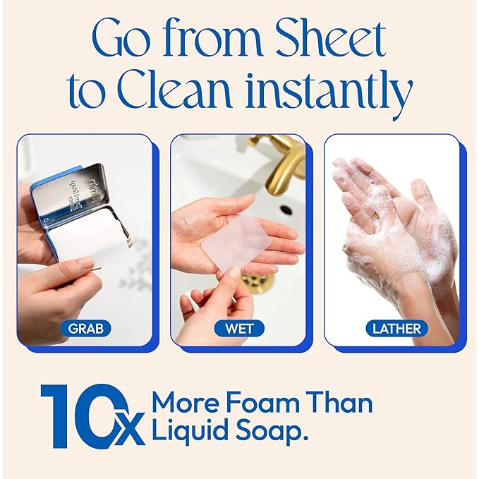 FOMIN - Antibacterial Paper Soap Sheets for Traveling - 100 Unscented Portable Hand Soap Sheets for Travel in Tin - Dissolvable Mini Portable Travel Soap Sheet for Hand Washing, Camping and Hiking