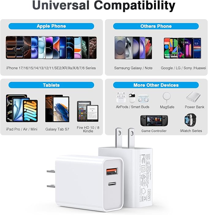 2-Pack Type C Charger Adapter, 20W Multiport Fast Charge Power Brick Cube for iPhone 16/17, iPad, iPod, Samsung Galaxy, Motorola, PS5, Huawei, HTC, LG, Nokia, QC+PD 3.0 USBA Box Wall Plug