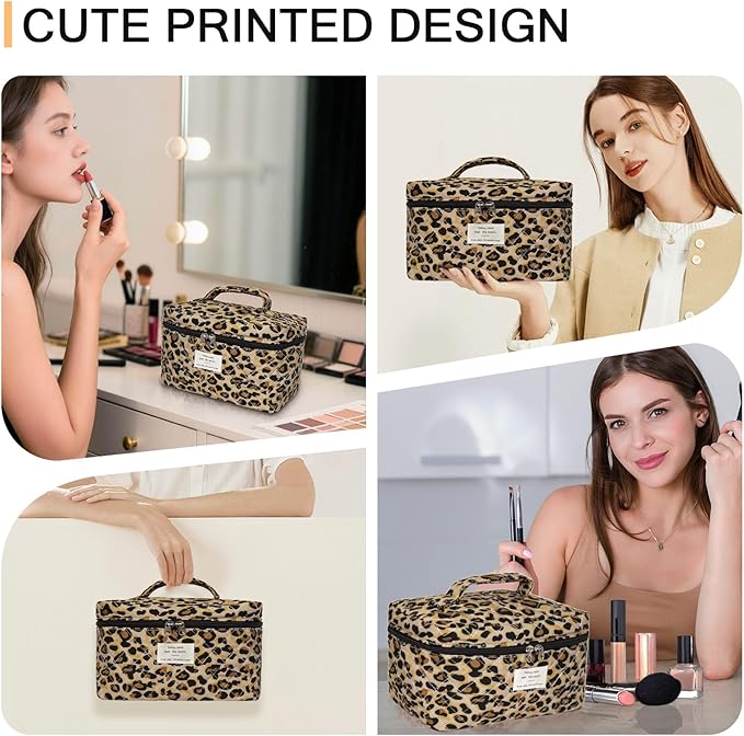 Gosect 1pc Large Makeup Bag, Cute Cosmetic Bag for Women Girls, Floral Coquette Aesthetic Toiletry Bag, Travel Make Up Organizer Bag (Leopard Print)