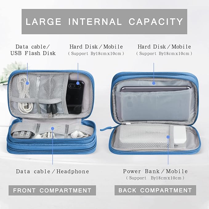 Skycase Electronic Organizer Travel Case - Waterproof Travel Cord Pouches for Organization, Cable Organizer, All-in-One Double Layers Storage Bag for Accessories, Charger, Cable, Blue - Large