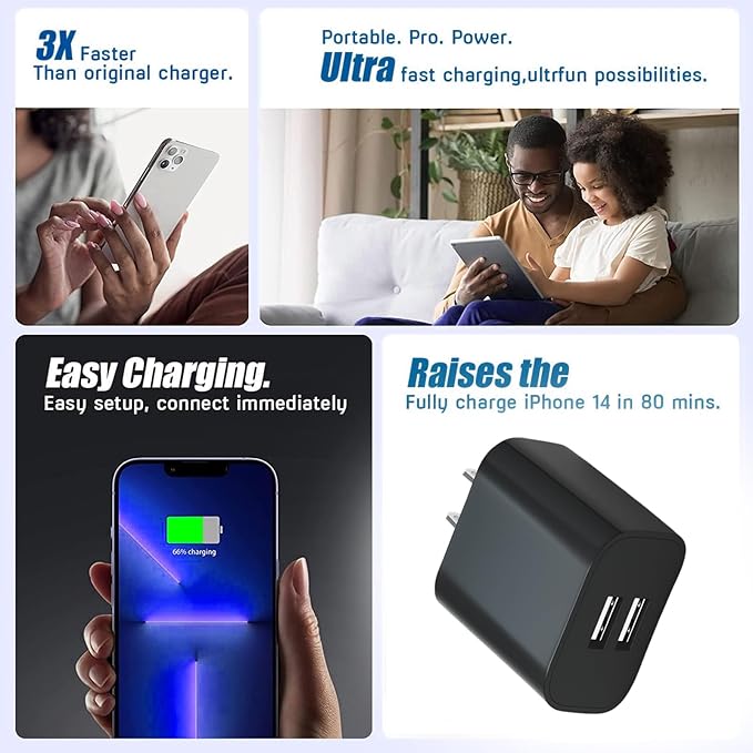 USB Wall Charger,4 Pack Dual Port Plug Adapter for Wall Outlet Charging Block, USB Power Adapter for iPhone 14/13/12/11 Pro/Pro Max, XS/XR/X, Galaxy, Pixel, Moto and Android Phones (Black)