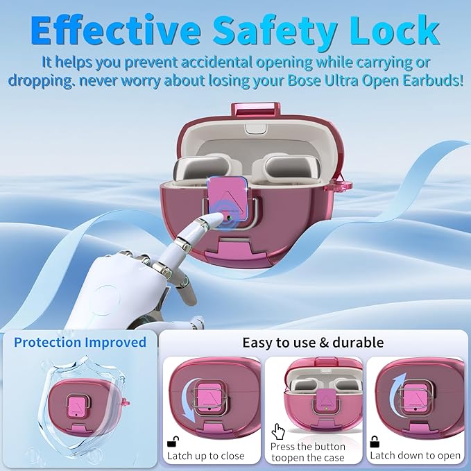 for Bose Ultra Open Earbuds Case with Secure Lock & Phone Stand, Soft TPU Shockproof Protective Clear Case for Bose Open Ear Earbuds Accessories with Cleaning Pen & Keychain (Deep Rose)
