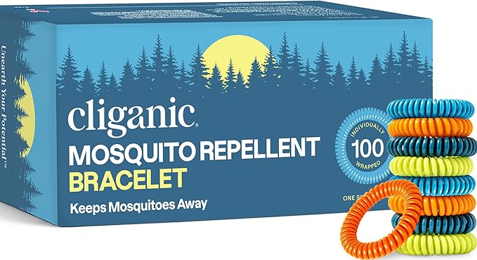 Cliganic 100 Pack Mosquito Repellent Bracelets for Adults & Kids - Natural DEET-Free Bands, Individually Wrapped