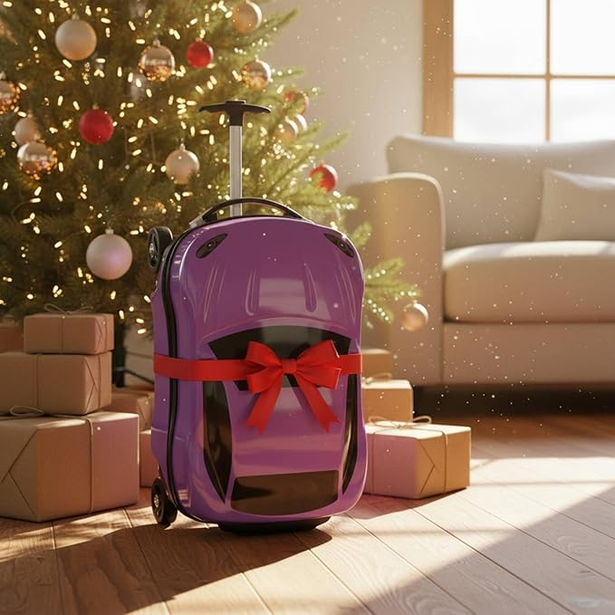 Kids Car Shaped Luggage Telescopic Handle Child's Sit on Suitcase Lightweight 3D Cartoon Car Suitcase for Young Children, Vacation, Airport, White