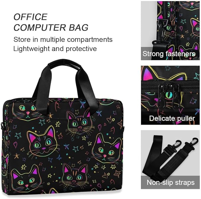 Neon Cat Print Laptop Case 15.6 inch Computer Bag Waterproof Laptop Briefcase Laptop Bag for Women & Men