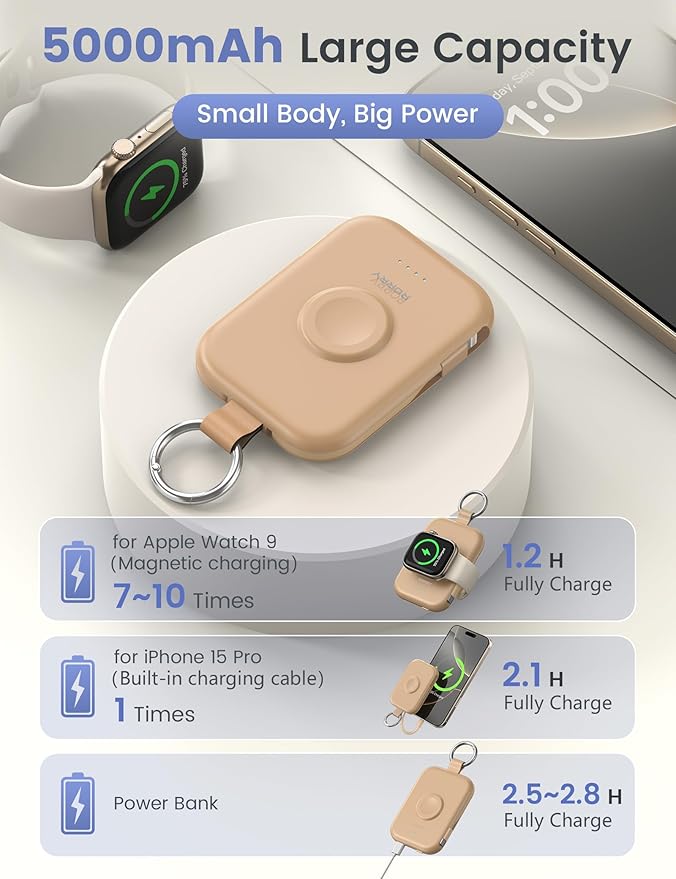 RORRY CharmGo Portable Charger, 5000mAh Portable Charger Power Bank with Built-in Cables, Travel Keychain Battery Pack for Apple Watch and iPhone Air/17/16/15/14/13/12, Honey Beige