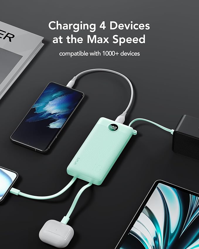 VRURC Portable Charger with Cables for iPhone, 22.5W Fast Charging USB C Power Bank 10000mAh, Compact Cell Phone Battery Pack with Cords for iPhone 17 16 15 14 13,Samsung Galaxy-Green(1 Pack)