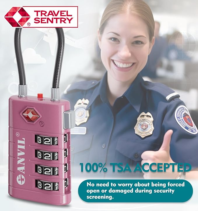 ANVIL TSA Approved Luggage Locks, 4 Digit Combination Travel Suitcase Locks with TSA008 Core and Open Alert Indicator, Zinc Alloy Body. (3, Rose Purple)