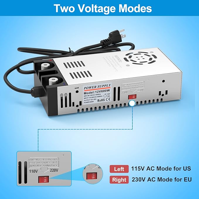 IMAYCC AC to DC Converter Universal 110V/120V to 12V Converter 12V DC Power Supply (12V-50A-600W)