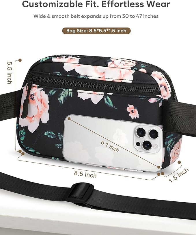 Pritent Fanny Packs for Women Cross Body Bag Waterproof Belt Bag with Adjustable Strap and Zipper Back Pocket Small Crossbody Bags Fashion Waist Packs for Workout Travelling(Flower Print)