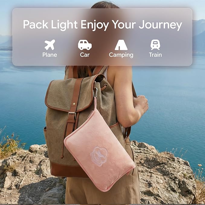 Travel Blanket, Soft 2-in-1 Airplane Blanket, 65x40 Inches, Travel Blanket Airplane Compact with Bag, Car Blanket with Luggage Sleeve & Backpack Clip (Peachy Pink)