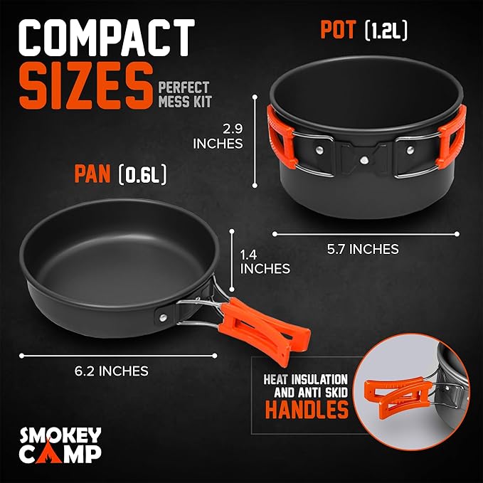 Smokey Camp Camping Cookware Mess Kit Set with Stove - Backpacking Camping Pots and Pans Set, All in One Non-Stick Camping Cooking Set, Portable Stove, Hiking, Picnic, Outdoor & Camping Cookware Set