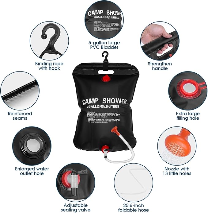 Solar Camping Shower Bag 1/2set and1+ Set 5 Gallon Portable Camping Showers Bag with Adjustable Switch Removable Nozzle for Camping Hiking Beach Swimming Outdoor Activities