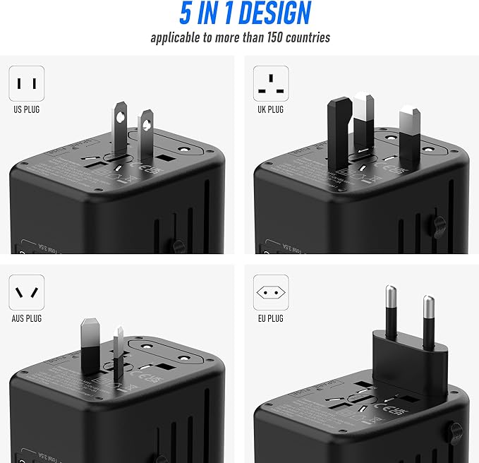 VYLEE Universal Travel Adapter, 5 in 1 International Power Adapter with 3.5A 2xUSB-A & 2xUSB-C Ports, Travel Plug Adapter Worldwide for Europe USA UK AUS Travel Essentials (Rose Gold)