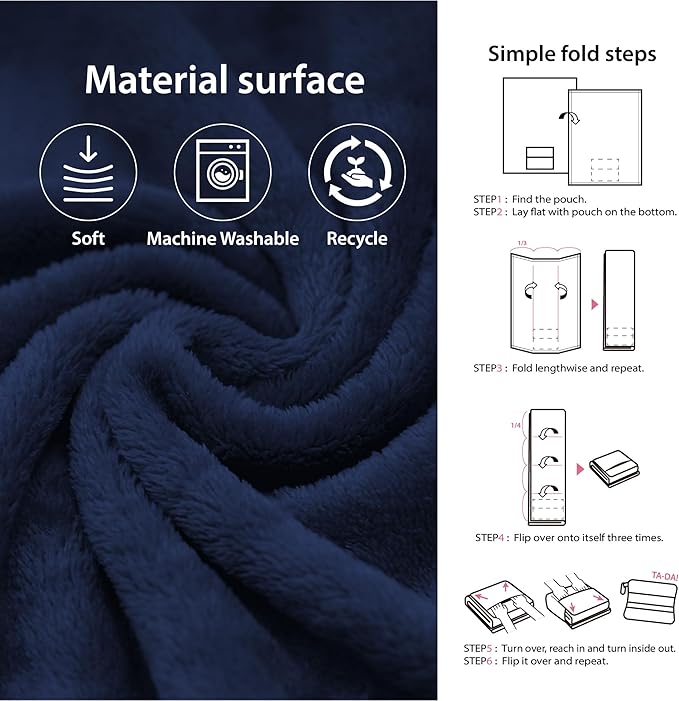 DEZ FURNISHINGS 4-in-1 Travel Compact Blanket Pillow Super Soft Velvet with Luggage Sleeve and Backpack Clip, Navy, 60" W x 45" H