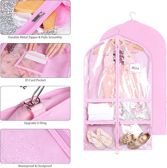 Syeeiex 3" Gusseted Clear Dance Costume Garment Bag(5 Pack), 40'' Dance Garment Bags for Dancers with 4 Zipper Pockets & Can Hold 1-3 Dance Costumes - Suitable for Dance Competitions, Ballet(Pink)