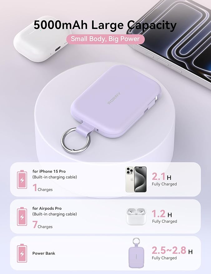 RORRY CharmGo Portable Charger, 5000mAh Portable Charger Power Bank with Built-in Cables, Travel Keychain Charger Battery Pack for iPhone 17/16/15/14/13/12, for AirPods 2/3/4/Pro, Purple