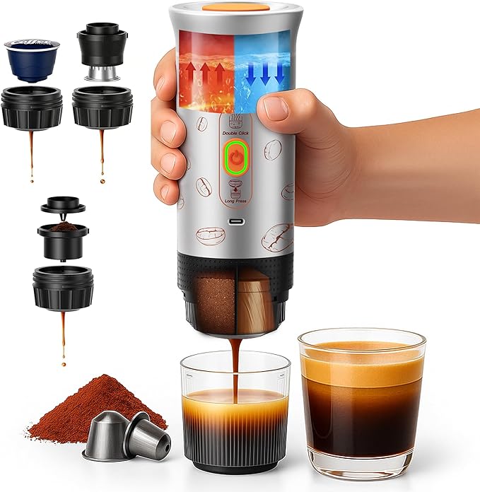 Portable Espresso Machine, 3-in-1 Travel Coffee Maker with Self-Heating, Battery Operated 20Bar Wireless Portable Espresso Maker Compatible with Ground Coffee & Capsule for Camping, Car, Office