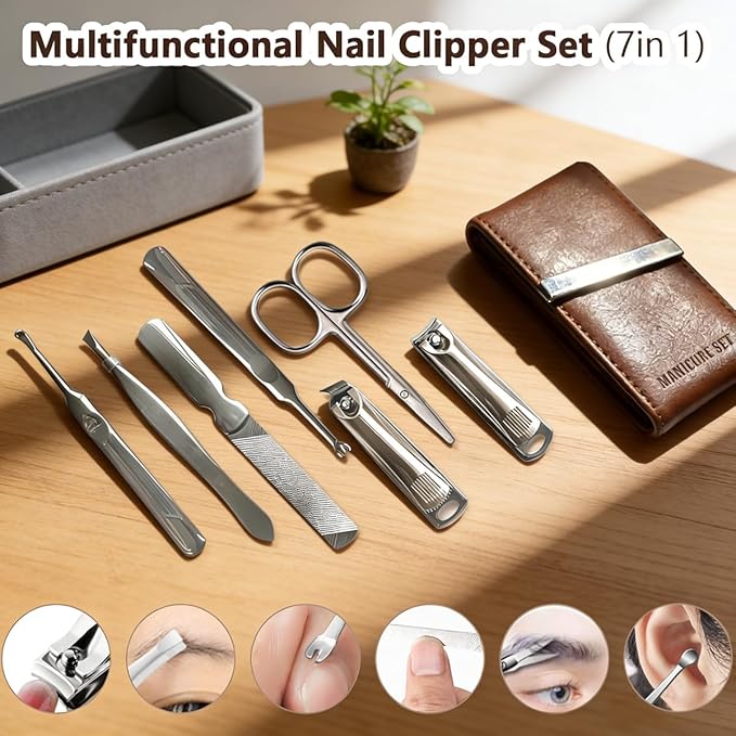 Nail Clippers Set 7 Pcs, Stainless Steel Toenail & Fingernail Clipper Set, Portable Travel Mens Nail Cutter, Manicure Grooming Kit for Men, Women, Gift Ideas (Brown)