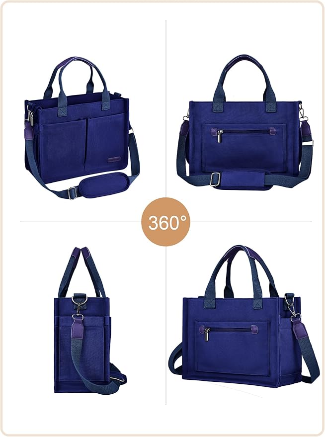 BESBESME Canvas Tote Bag for Women with Zipper & Compartments– Large Work & College Laptop Tote Crossbody Shoulder Bag