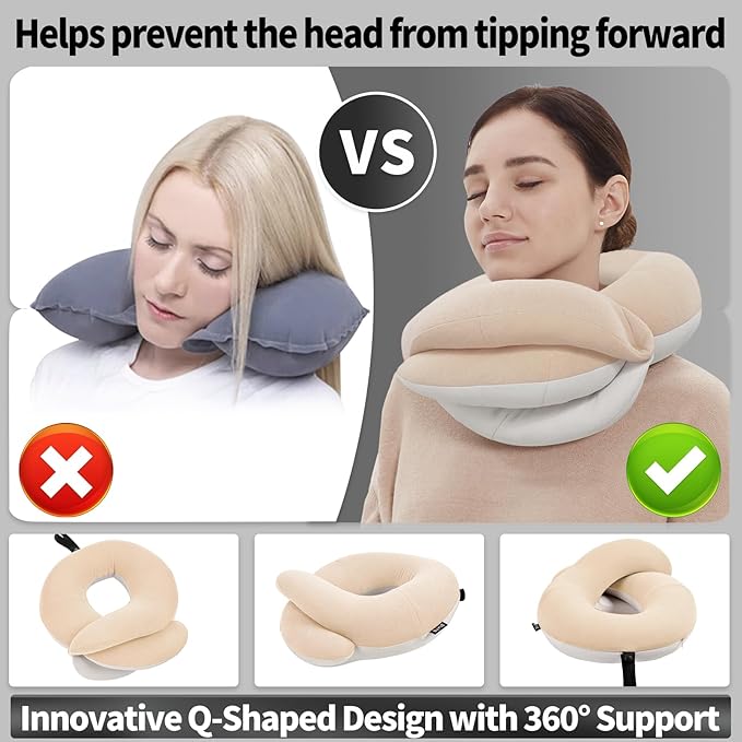 BUYUE Travel Neck Pillows for Airplanes, Memory Foam 360° Head Support Sleep for Long Flight, Skin-Friendly & Breathable, Kit with Eye Mask, Earplugs and Storage Bag (Adult, Beige, 90+ lbs)