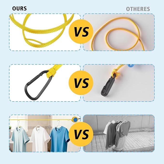 Retractable Camping Clothesline, Portable Travel Clothes Line, Windproof Laundry Line with Clothespins & Hang Holes, Indoor Outdoor Drying Rope for Hotel Trip, Cruise, RV (Yellow, 12.5 Ft)