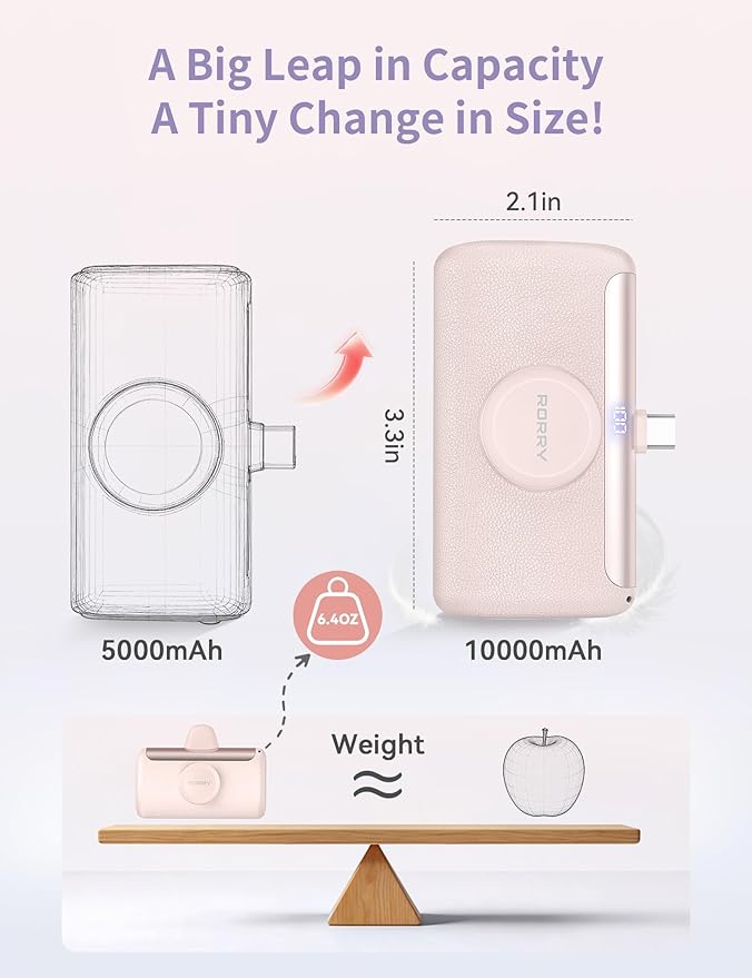 RORRY PalmGo Portable Charger, 10000mAh PD 22.5W Fast Charging Mini Power Bank with Built-in USB C Connector, 3-in-1 Battery Pack for iPhone 17/16/15 Pro/Max, Apple Watch Ultra/11/10/SE, iPad, Pink