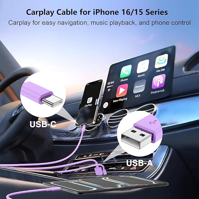 USB C Car Charger for iPhone 17 16 15 Pro Max,40W Dual Port USB-C & USB-A Car Fast Charging Adapter, 2X6FT C to C Cable & A to C Carplay Cable for iPhone 17 16 15 Series/iPhone Air,iPad,Samsung-Purple